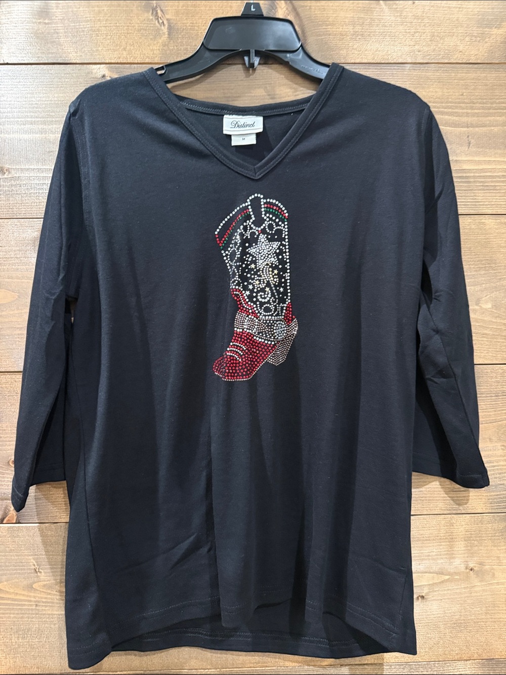 Black Rhinestone Cowboy Boot V-Neck Women's Top